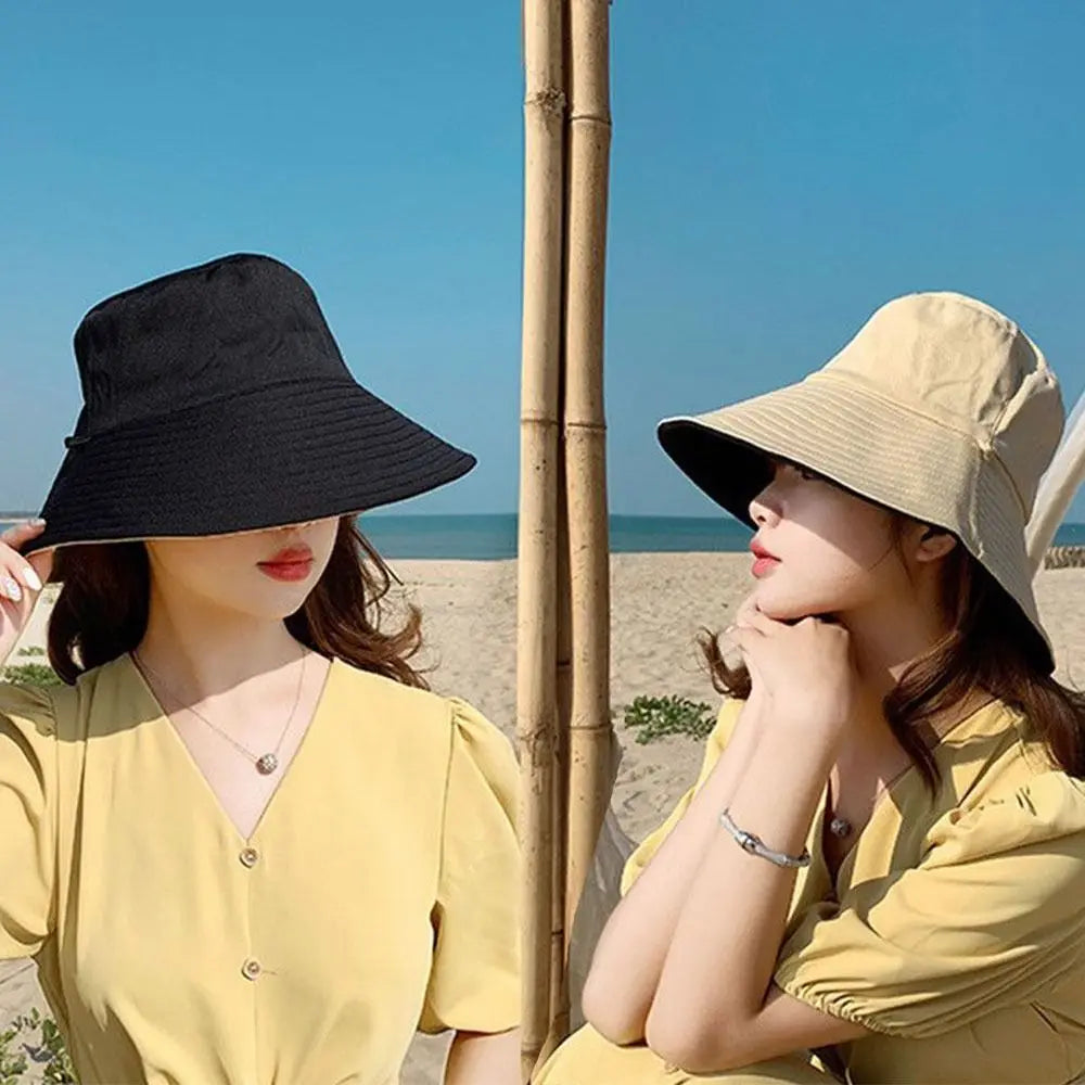 Summer Women Double-sided Bucket Hats Fashion Big Brim Foldable Solid Sun Hat Outdoor Beach Visor Caps Fisherman Cap for Travel