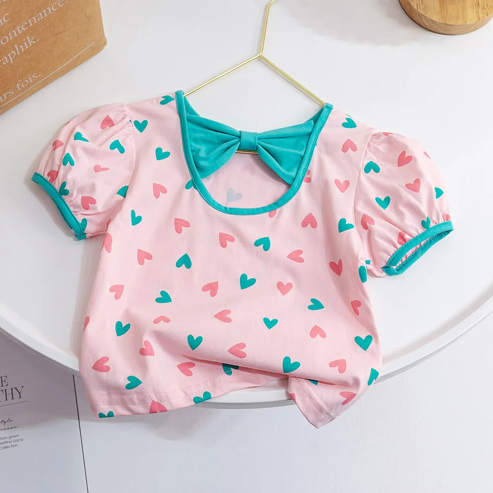 Summer Baby Girls Floral T-shirts Korea Style Bow Puffy Sleeve O-Neck Shirts Kids Girl Tops Children Clothes Tees 1-6Years Old