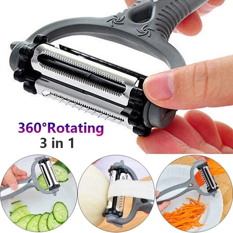 3 in 1 Kitchen Gadget Accessories Potato Peeler Multifunctional 360 Degree Rotary Vegetable Peeler Cutter Melon Planer Grater