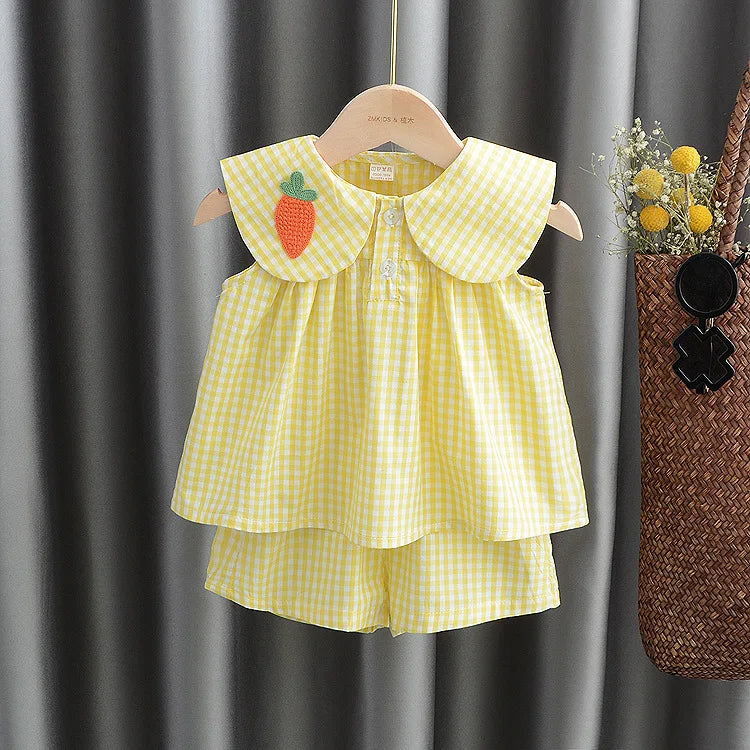 Summer Clothing Sets Baby Girl Cute Fruit Cotton Girls Plaid  Sweet Princess 2pcs Suit Children's Clothing Kids Vestidos