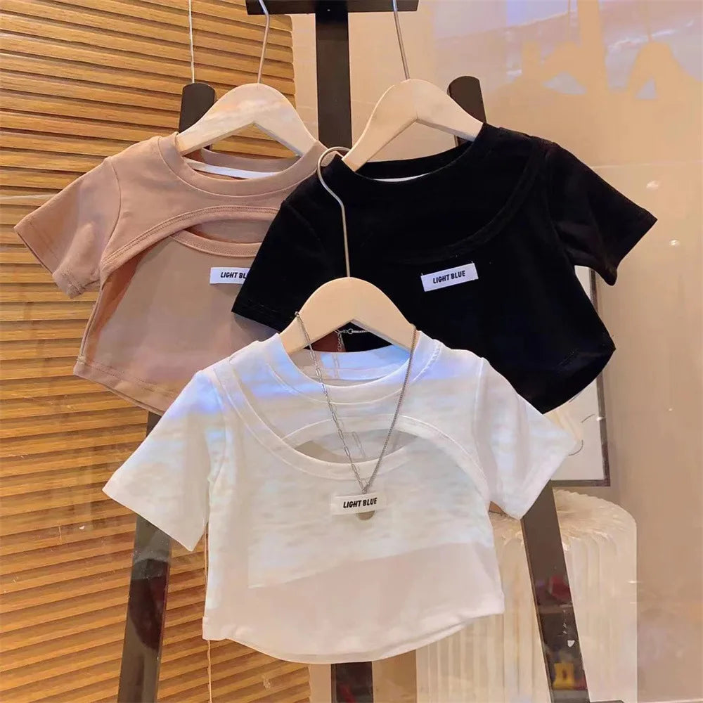 2024 Summer Baby Girls Short Sleeved T-Shirt Kids Top Tees Toddler Fashion Hollow Out Pullover Children's Clothing Korean Style