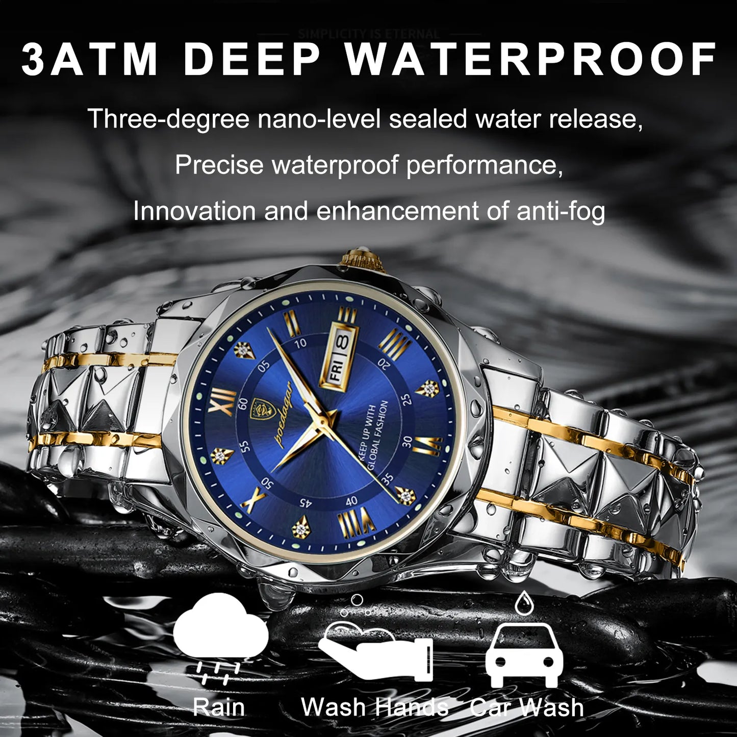 POEDAGAR Top Brand Luxury Man Wristwatch Waterproof Luminous Date Week Men Watches Stainless Steel Quartz Men's Watch Male