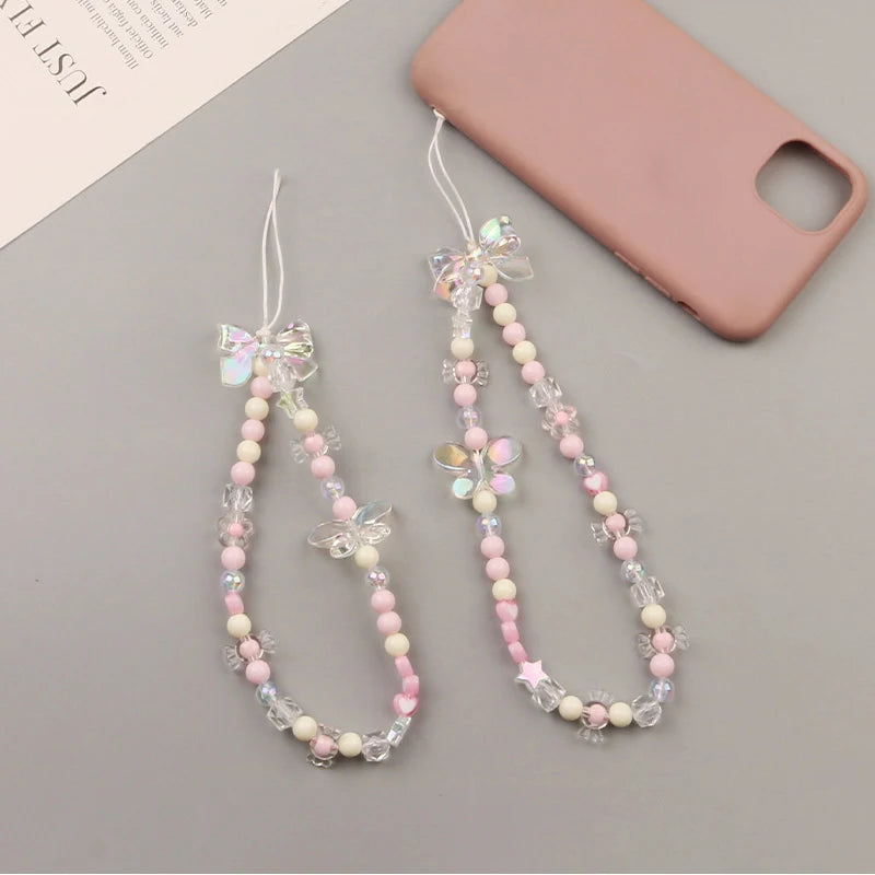 Creative Crystal Bowknot Pearl Beaded Mobile Phone Straps for Women Phone Case Key Chain Bag Pendant Decoration Accessories