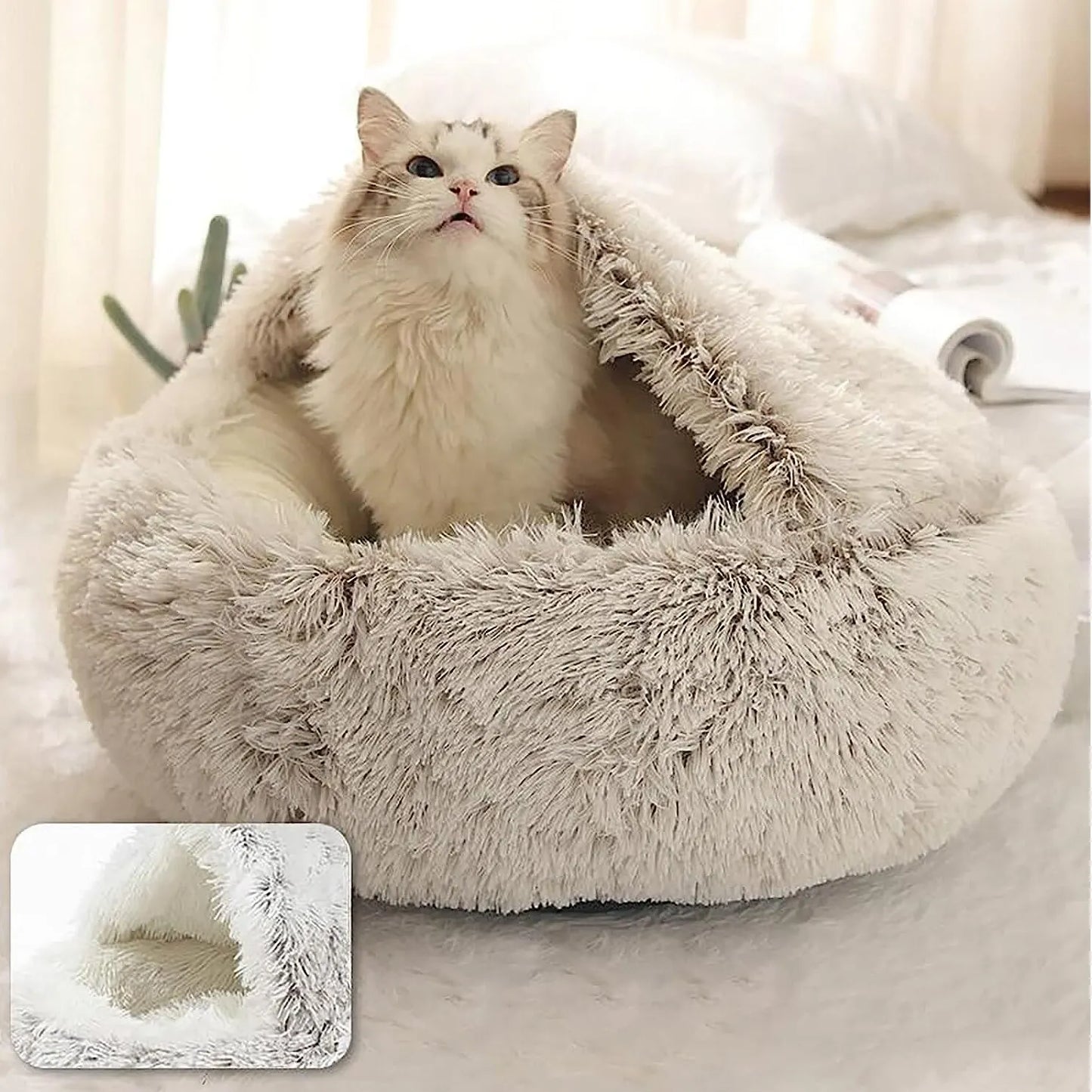 Soft Plush Pet Bed with Cover Round Cat Bed Pet Mattress Warm Cat & Dog 2 in 1 Sleeping Nest Cave for Dogs & Cats