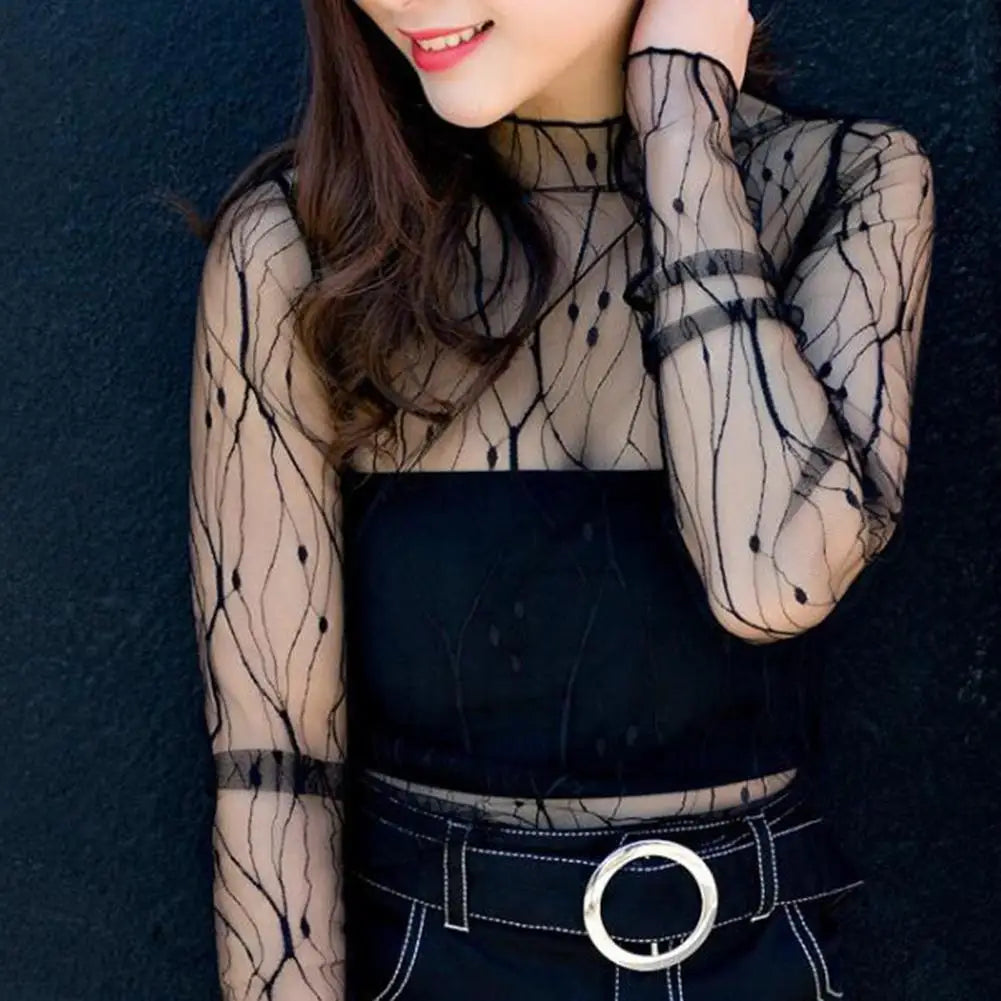 Women Lace Floral T Shirt Transparent Mesh Ladies Tops Sheer Blouses Autumn See-Through Turtleneck Black Long Sleeve T shirt