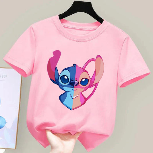 Disney Stitch Angel T-Shirt Girl Pink Short Sleeve Tees Shirt Kids Summer Clothes Cartoon Printed Toddler Tee Tops Baby Clothing