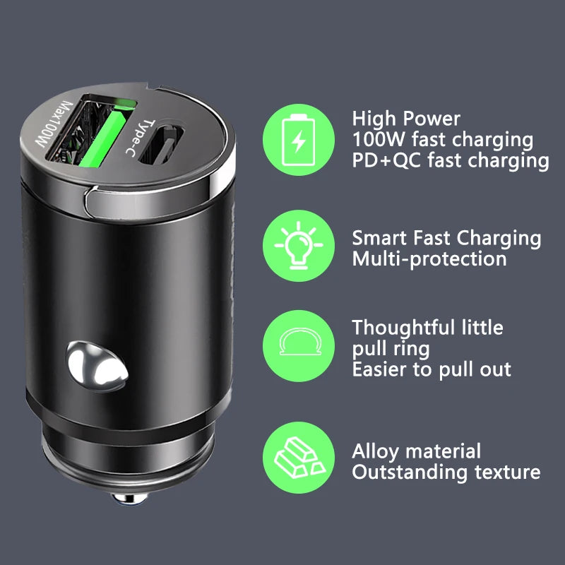 100W Mini Car Charger Lighter Fast Charging for iPhone QC3.0 Mini PD USB Type C Car