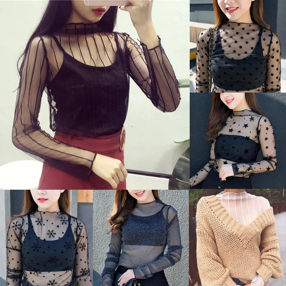 Women Lace Floral T Shirt Transparent Mesh Ladies Tops Sheer Blouses Autumn See-Through Turtleneck Black Long Sleeve T shirt