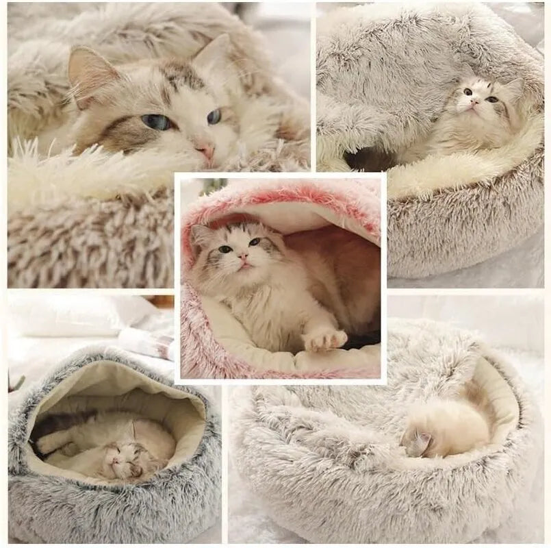 Soft Plush Pet Bed with Cover Round Cat Bed Pet Mattress Warm Cat & Dog 2 in 1 Sleeping Nest Cave for Dogs & Cats