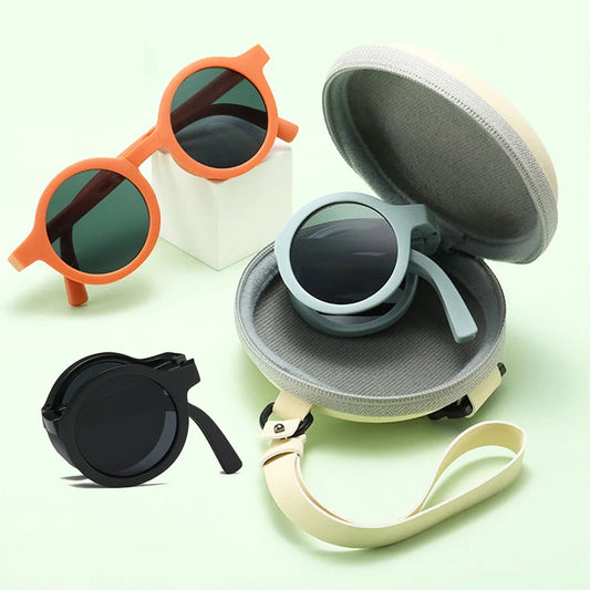 Folding Kids Sunglasses Storage Box Summer Baby Sun Glasses for Girls Boys Beach Travel Retro Round Sun Protection Child Eyewear