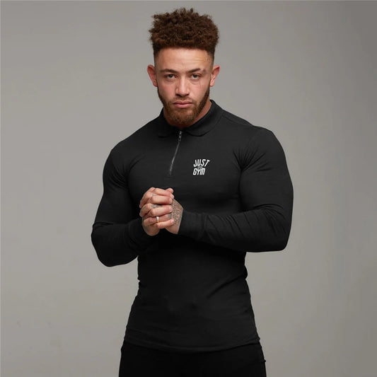 Men's Running Fitness Zippered Lapel Polo Shirts Autumn Cotton Long Sleeve Slim Fit Tees Gym Bodybuilding Workout Muscle Shirt