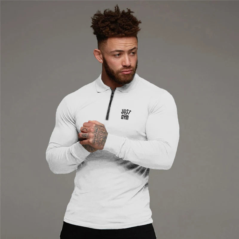 Men's Running Fitness Zippered Lapel Polo Shirts Autumn Cotton Long Sleeve Slim Fit Tees Gym Bodybuilding Workout Muscle Shirt