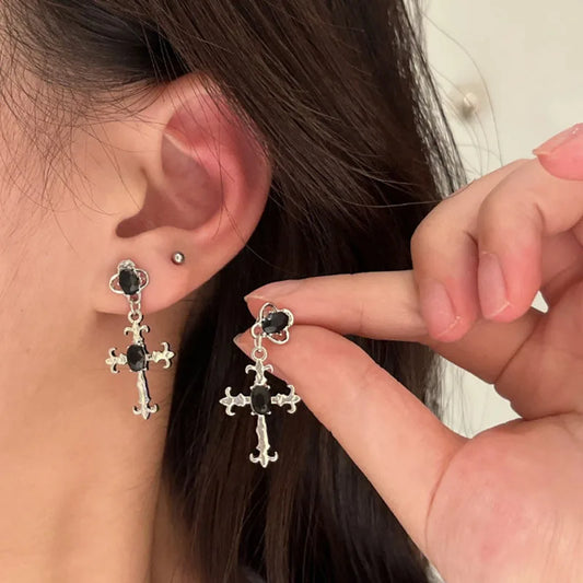 Gothic Cross Black Drill Drop Earrings Women's Jewellery