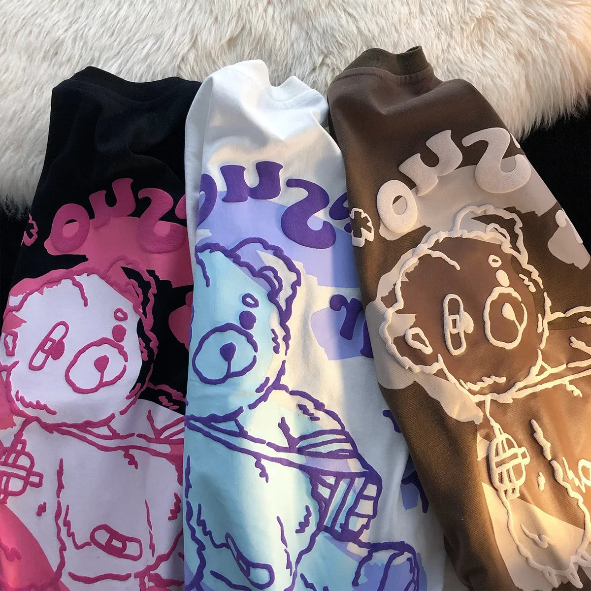 Bear t shirt female American retro oversize cotton short sleeved ins tide cartoon graffiti fat top t shirts for women  harajuku