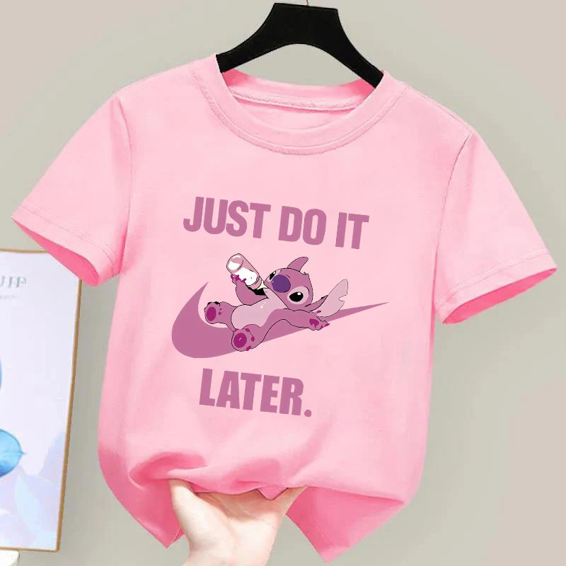 Disney Stitch Angel T-Shirt Girl Pink Short Sleeve Tees Shirt Kids Summer Clothes Cartoon Printed Toddler Tee Tops Baby Clothing