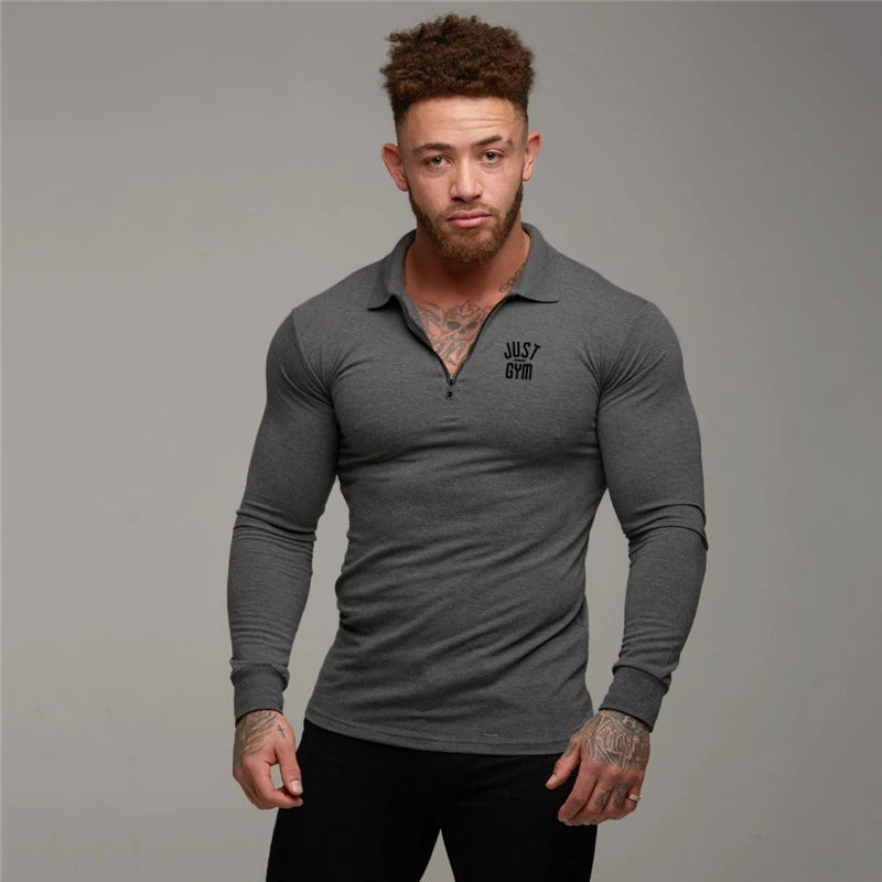 Men's Running Fitness Zippered Lapel Polo Shirts Autumn Cotton Long Sleeve Slim Fit Tees Gym Bodybuilding Workout Muscle Shirt